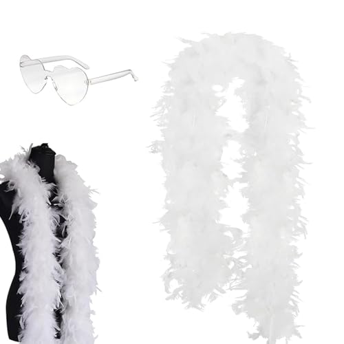 FEZTGVOFA 2 Pcs White Feather Boa 2M 80g Thick Turkey Feather Boas with Fashion Retro Eyeglasses for Wedding Centerpieces Carnival Dance Party for Women Cosplay Accessory(White)