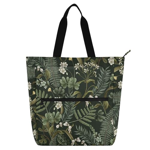 linqin Book Tote Bag for Boys Girls Women, FLOWERs Berries Fern and Leaves Water-resistant Reusable Book Bag Grocery Bag with Zipper for School Shopping Travel