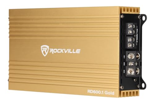 Image of Rockville RD600.1 Gold 1 Ohm Mono Car Amplifier, 600W RMS / 2400W Peak | Compact Class D, Metal Bass Knob, Clipping Indicator, MOSFET Power Supply, 45Hz Bass Boost, Tiffany RCA, Car Audio Amp
