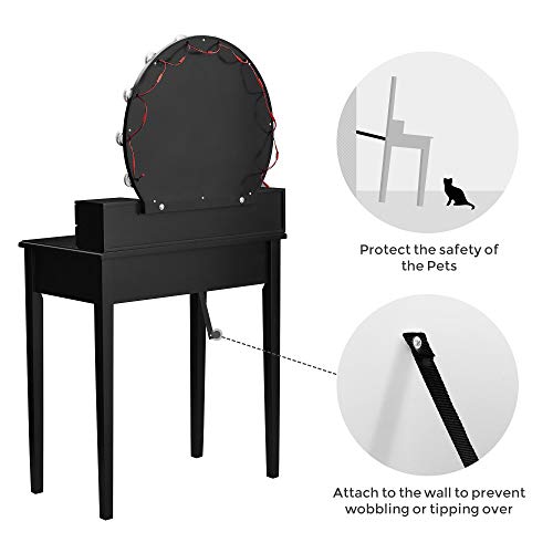 Vasagle Vanity Set Dressing Table With Mirror, 10 Light Bulbs, Stool 5 Drawers, 27.6 X 15.7 X 52.8 Inches, Black #TOP7