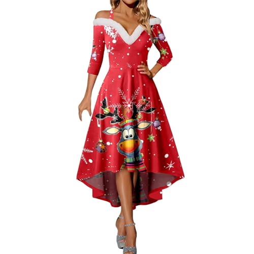 Generisch Weihnachtskleid Damen Kleid Weihnachten Camisole Weihnachtskleid Einfarbig V-Ausschnitt Kleid Damen Halbarm Lässiges Partykleid (Watermelon...