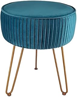 TNAVY Vanity Foot Stools,Round Velvet Upholstered Footrest Ottoman with Golden Metal Legs, Home Multifunctional Vanity Footstool for Makeup Room,Living Room and Bedroom (Pleated, Blue)