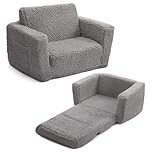 BEJOY Kids Sofa Bed 2-in-1 Flip Out Cuddly Sherpa Toddler Couch Convertible Chair to Lounger Children Sofa Bed Children's Day and Birthday Gift for Girls Boys, Grey