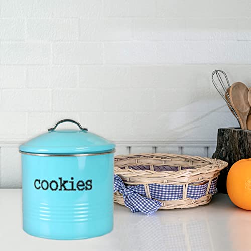 Home Basics Vintage Farmhouse Round Cookie Tin Turquoise Metal Storage Container with Handle and Silver Accents for Kitchen Counter - Ideal for Cookies, Brownies, and Biscotti