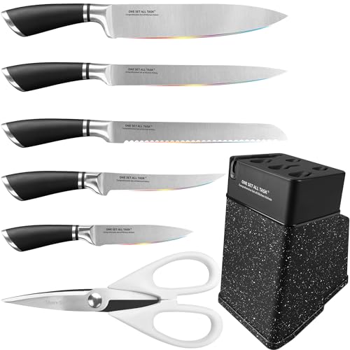 Knife Set with Block, High Carbon Stainless Steel Knife Block Set, Kitchen Knife Block Set with Built in Sharpener, Scissor, Chef, Bread, Santoku, Fruit, Boning, Serrated Bread Knife Set