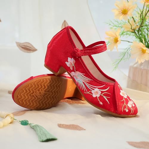 2025 Women's Elegant Satin Flower Embroidered Shoes Chinese Traditional Ancient Style Hanfu Shoes Stage Performance Oriental Shoes to Match Cheongsam Dresses(Red,7)2