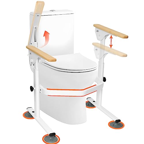 Toilet Safety Rails For Elderly,Heavy Duty (520 Lbs) Hand Rail,Adjustable Height And Width Toilet Rails For Seniors,Toilet Safety Frames With Balance Wodden Arms & Sucker, Easy Installation #TOP5