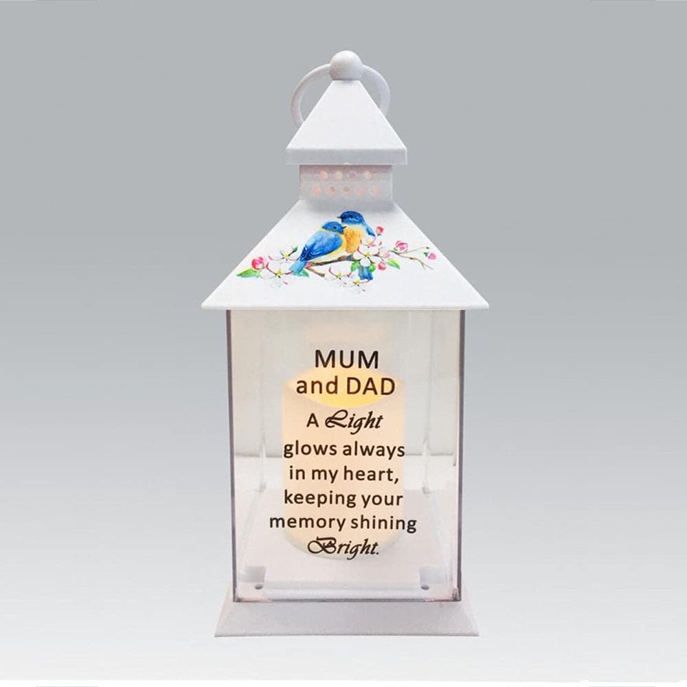 Fischoff White Mum And Dad Memorial Light Up Lantern - Bird Floral Candle Graveside Memory Remembrance