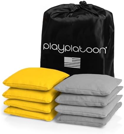 Play Platoon Weather Resistant Cornhole Bags - Set of 8 Regulation Corn Hole Bean Bags - Yellow & Gray - Durable Duck Cloth Corn Hole Bag for Tossing Game, Includes Tote Bag