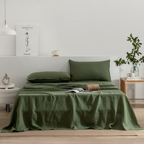 EVERLY Linen Queen Sheets Set, 100% Stonewashed French Linen Bed Sheets Deep Pocket Sheets, 4 Pieces (1 Flat Sheet, 1 Fitted Sheet, 2 Pillowcases) Natural Flax Bedding Set-Mossy Green