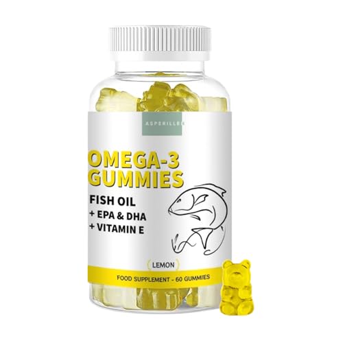 Omega 3 Gummies Adult Lemon Flavour with Vitamin E - Wild Fish Oil High Strength Omega 3 Fatty Acids EPA & DHA - Supports Heart Brain and Vision - No Fishy Taste Gluten-Free Non-GMO 60 Gummies