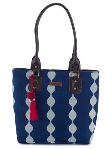 Image of NEPRI Office Pouch Tote Bag | Stylish Set of 2 Tote Bags for Women| Vegan Leather & Handblock Printed Fabric Handbag with Double Handle Shoulder Strap| Daily & Travel Use