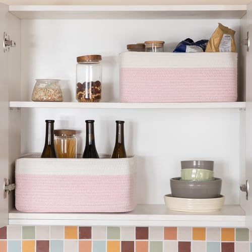 OIASKET Storage Baskets for Organizing 3 Pack, Woven Baskets for Shelves, Closet Organizer Bins Empty Gift Basket Toy Storage for Toys, Books, Towels, Clothes, 15"x11.42"x6.7", Pink — view 6