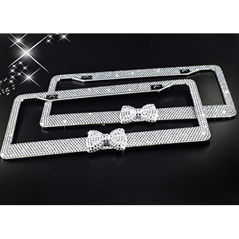 License Plate Frames 2 Pack Bling Bling White Bow - Handmade Waterproof Glitter Rhinestones Crystal Plate Frames for Cars with Screws Caps Set Gift White Bowtie Cover