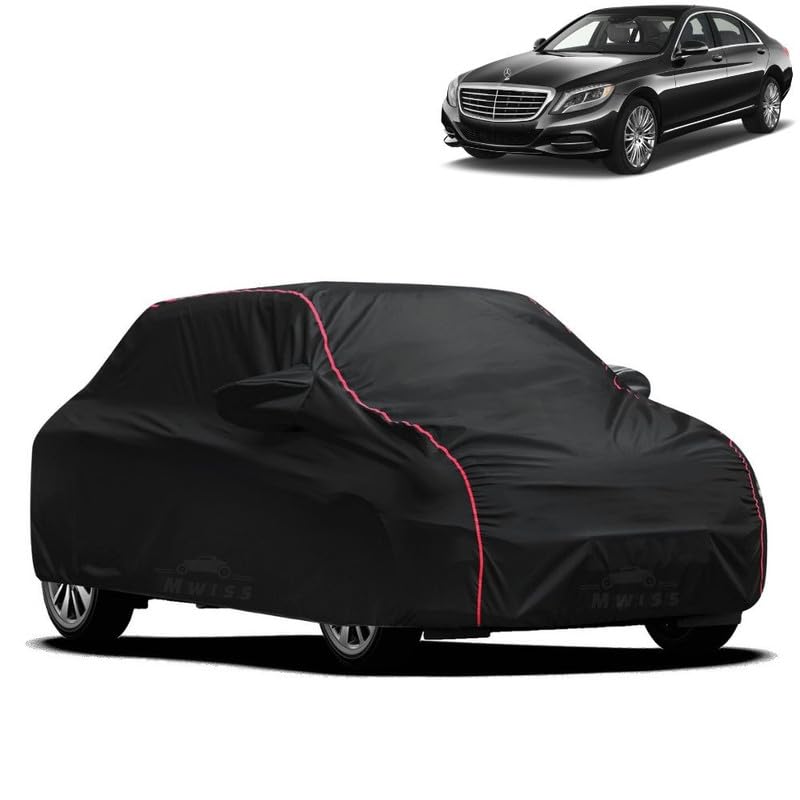 Image of Waterproof Car Cover for Mercedes Benz E240 | All-Weather Protection, Dustproof & UV Resistant | Triple Stitched Mirror Pockets, Windproof Buckle Strap with Elastic Hem, Black-Red Piping