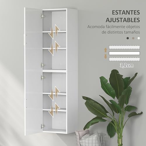 HOMCOM Armario de Baño de Pared Columna de Baño Estrecho con Estantes Ajustables y 2 Puertas Mueble de Baño Moderno para Espacio Pequeño 40x30x160 cm Blanco Brillo - imagen 5