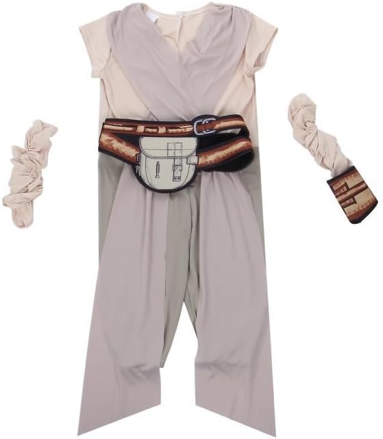 4 Pcs Rey Costume for Girls Halloween Deluxe Jumpsuit Kids Cosplay Outfits with Belt Bracer Accessories Set