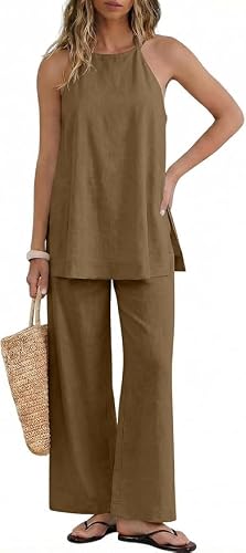 UNCOOYEE Womens 2 Piece Linen Outfits Summer Halter Neck Sleeveless