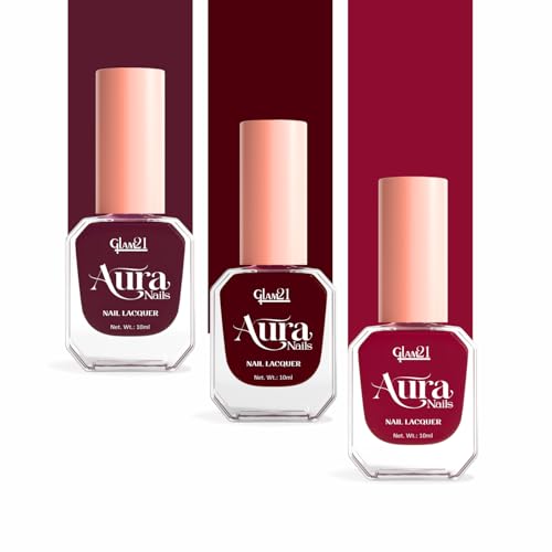 Image of Glam21 Aura Nails Nail Lacquer |Long-Lasting, Quick-Dry, High-Shine Nail Enamel|Chip-Free Formula|Smooth Application & Vibrant Finish| 10ml Each Pack Of 3 (Vampy Vibe,Crystal Maroon & Red Alert)
