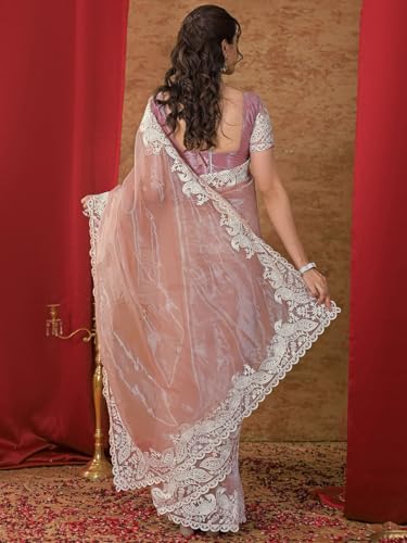 Image of Satrani Women's Net Embroidery Saree with Unstitched Blouse Piece