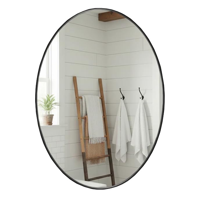 Oval Wall Mirror 45x34cm Self-Adhesive Slim Black PVC Frame Wall Mount Glass Vanity Mirror for Bathroom, Bedroom, Living Room, Entryway (BlackMirrorA)