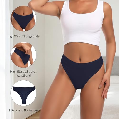Image of High Waisted Cotton Thongs Underwear For Women Breathable Sport Athletics Panties High Rise Plus Size Multipack