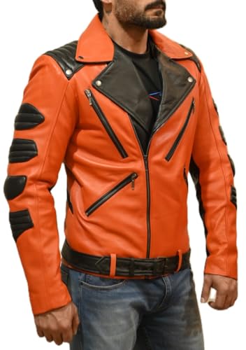 Men's Classic Black and Orange Genuine Leather Biker Motorcycle Rider Jacket3