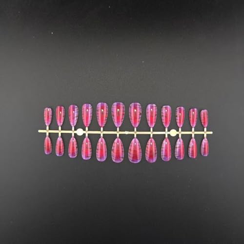 Image of Purple Press on Nails Glitter Fake Nails Medium Almond Glue on Nails Stripe False Nail with Design Glossy Full Cover Reusable Artificial Acrylic Stick on Nail for Women Manicure 24Pcs