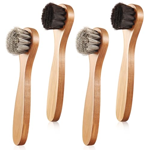 Image of 4 Pcs Horsehair Shine Shoes Brush Kit Polish Dauber Applicators Cleaning Leather Shoes Boots Care Brushes Suede Cleaner Brush with Microfiber Shoe Cloth(Wooden Handle B)