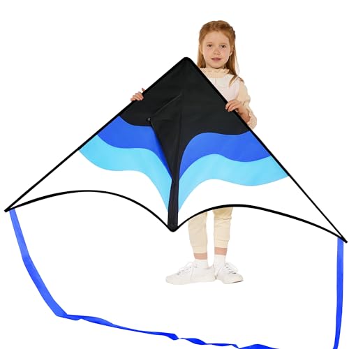SYNCFUN Large Delta Kite Gradient Blue– Easy to Fly for Kids and Adults, Beach Kite with 328 ft String for Outdoor Games and Activities
