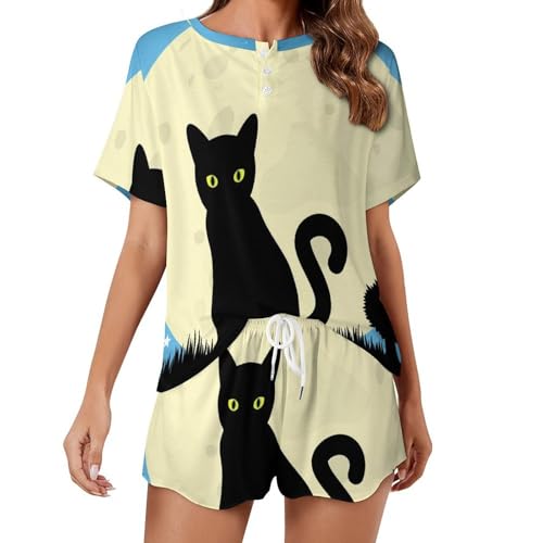 Pyjama lune chat noir pour femme ensemble d'été confortable