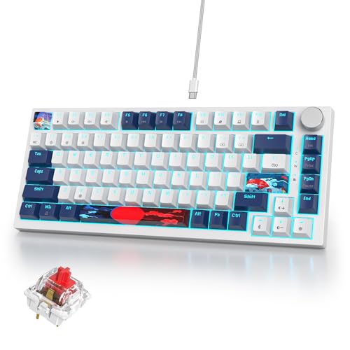 Image of 75% Mechanical Gaming Keyboard, Hot Swappable RGB Backlit Custom With Knob, Gasket Mount USB Wired, 82 Keys Blue White Linear Red Switch (82 Blue White)