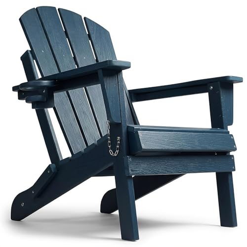 SFYLODS HDPE Adirondack Chair, Folding Outdoor Patio Chair with Cup Holder, Weather Resistant Wood Grain Lawn Chair for Backyard, Garden, Fire Pit, Deck, Navy Blue