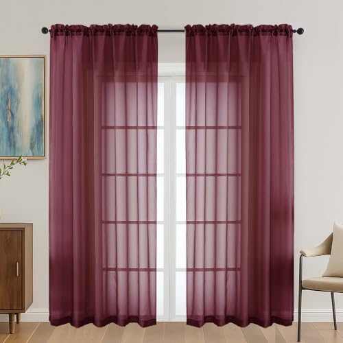 Image of Burgundy Sheer Curtains 72 Inches Long 2 Panels Set, Light Filtering Sheer Curtains for Living Room Bedroom 59 Inch Extra Wide, Modern Voile Filmy Rod Pocket Window Drapes, 59Wx72L Inches
