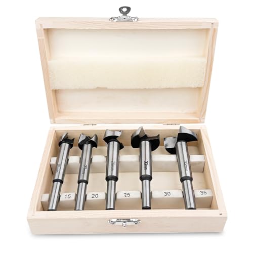 Luazvilkpsar 5 Stück Professioneller Holzbohrer mit Zentrierspitze Forstnerbohrer Set Ø 15/20/25/30/35 mm Astlochbohrer Scharnierlochbohrer Topfbohrer Präzise Bohrungen für Holz Hartholz