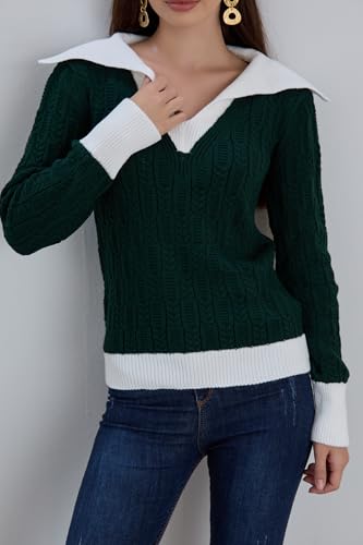 Image of Sweaters for Women Fashion Long Sleeve Lapel Collar V Neck Casual Knit Color Block Pullover Sweater