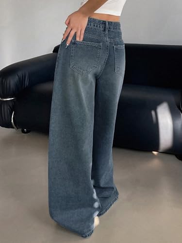 Image of Shasmi Women's Black Wide Leg Baggy Jeans | Loose Fit Denim Pants for Women | High Rise Streetwear | Casual Oversized Wide Leg Denim | Korean Style Baggy Trousers with Pockets (Jeans 296)