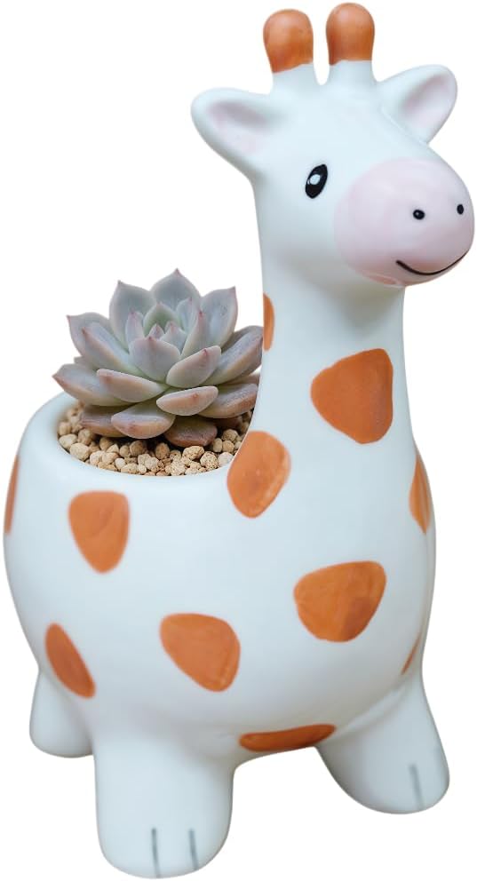 Cuteforyou Cute Giraffe-Shaped Ceramic Succulent Planter – Hand-Painted Animal Flower Pot for Indoor/Outdoor Plants, Small Potted Plant Container for Home Office Decor (5.3 Inch Tall)