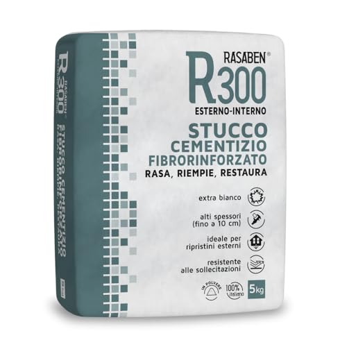 RASABEN - Stucco Cementizio Extra Bianco in Polvere R300 a Base di Cemento, per Ripristini da Esterno e Interno, Alti Spessori Fino a 10cm, Resistente alle Sollecitazioni, Made in Italy, 5kg