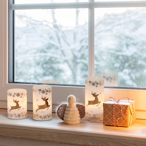 Image of KunSween Christmas Flameless Candles with 6H Timer, 3 Pack LED Flickering Candles with Gold Deer Decals and Real Wax, Christmas Winter Decorations for Home Indoor Table Centerpieces