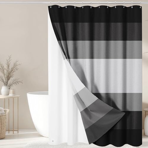 Nesphy Shower Curtain and Liner Grey and Black White Striped 3 in 1 Shower Curtain and PEVA Liner Set with 12 Rust-Resistant Metal Hooks Waterproof Fabric Shower Curtains for Bathroom 72 W x 72 H