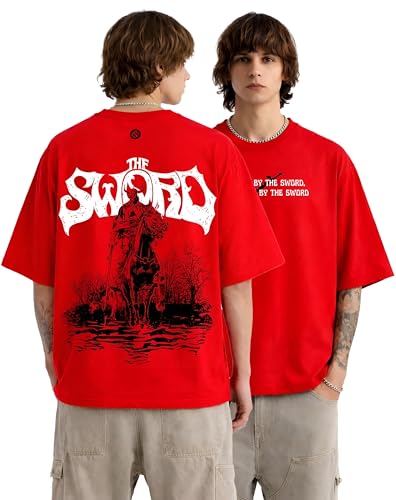 Image of The Sword Anime Graphic Oversized T-Shirt for Men and Women, Red, with Knight on Horseback Back Print and Slogan Front