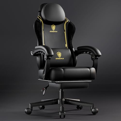 Dowinx Silla de gaming, silla de oficina para gamer, sillón ergonómico para gamer con reposapiés, masaje, silla de piel sintética, respaldo ancho, 150 kg, amarillo
