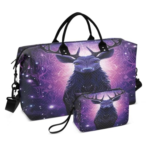 Sac de sport violet avec cerf abstrait et pochette maquillage voyage
