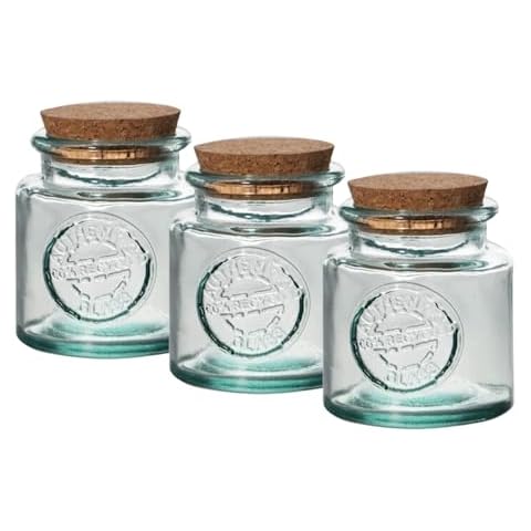 DESIGNED BY VSM, Small Apothecary Jars With Cork Lids, Made Of 100% Recycled Glass | Bathroom Decor Aesthetic, Cotton Ball Holder, Qtip Holder, Bath Salt Container, Vanity Decor, 3pack, Made in Spain. Cover