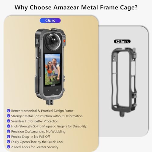 Image of AMAZEAR Metal Frame Cage Screen Protector for Insta 360 X4 - Aluminum Case for Insta 360 X4 Accessories Anti-Scratch Stronger Housing Shell Cover with Tempered Glass, Silicone Lens Guard Cap