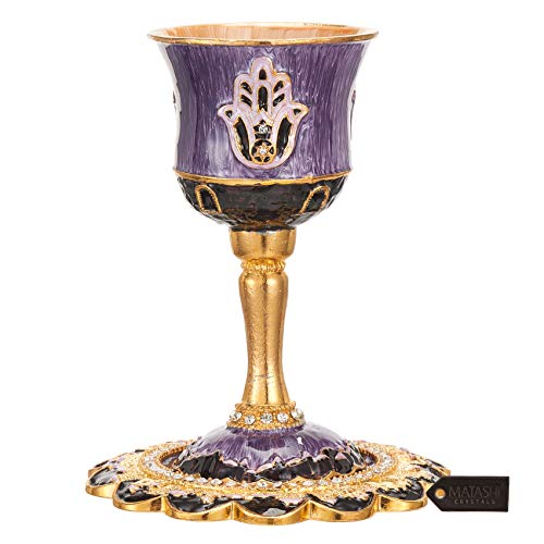 Matashi Hand-Painted Enamel Tall 5" Kiddush Cup Set with Stem and Tray Embellished