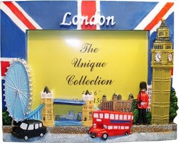 TB Photo Frame - London Souvenir with Union Jack British Flag Print and London Points of Interest Detail - 1235, Blue Skyline