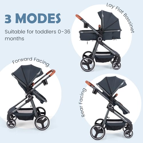 Image of INFANS 2 in 1 Baby Stroller, Newborn Convertible Stroller Bassinet for Infant, Foldable High Landscape Shock Absorption with Reversible Seat, Aluminum Structure for Toddler Pushchair 0-36 Month
