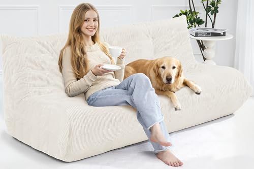 Image of Bean Bag Chair,Giant Beanbag Chairs for Adults,Comfy Large Fireside Chair Lazy Sofa,Corduroy Bean Bag Lounger with Memory Foam Filled,Floor Sofa Couch for Home,Living Room (Beige, 3-Seater)